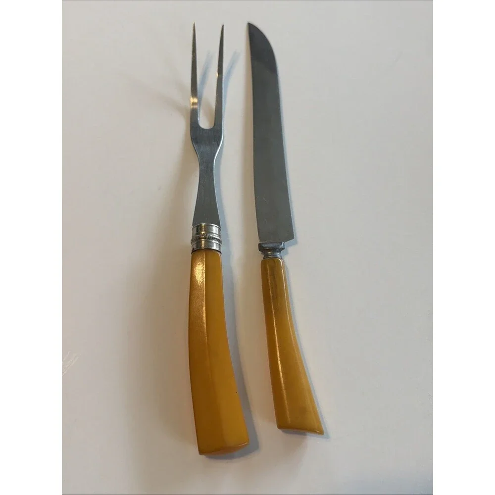 Vintage Butterscotch Bakelite Meat Carving Set Knife & Meat Fork Utensils